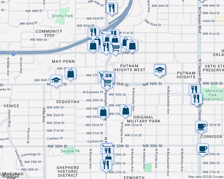 map of restaurants, bars, coffee shops, grocery stores, and more near 3600 North Westmont Street in Oklahoma City