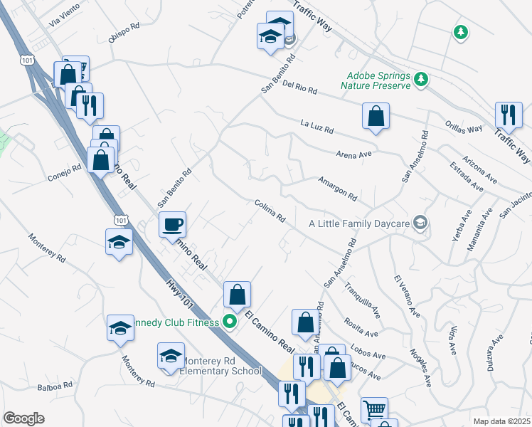 map of restaurants, bars, coffee shops, grocery stores, and more near 3500 Colima Road in Atascadero