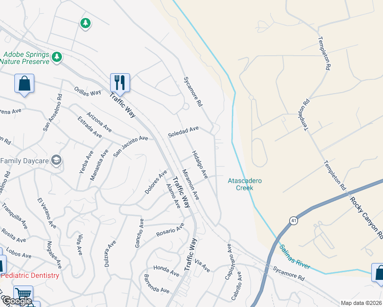 map of restaurants, bars, coffee shops, grocery stores, and more near 4705 Miramon Avenue in Atascadero