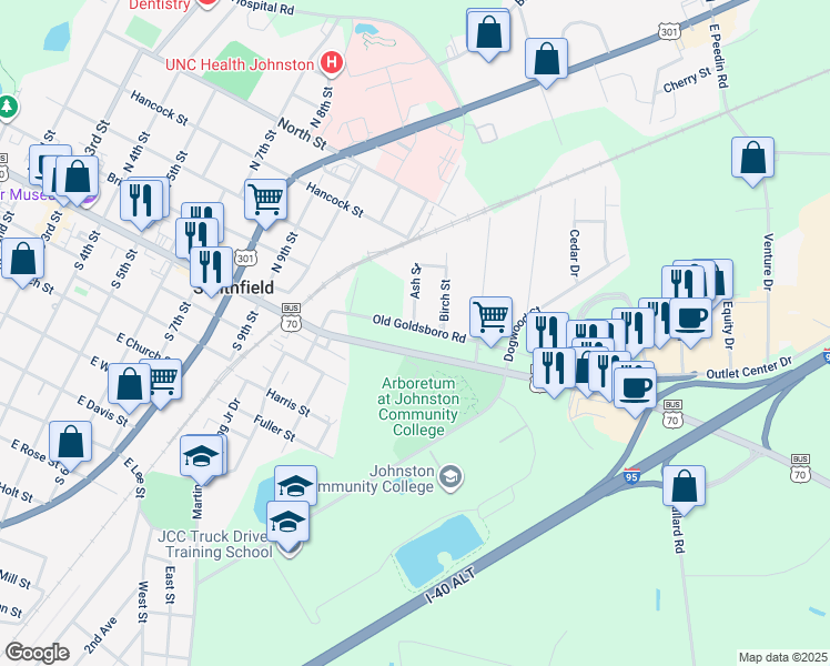 map of restaurants, bars, coffee shops, grocery stores, and more near in Smithfield