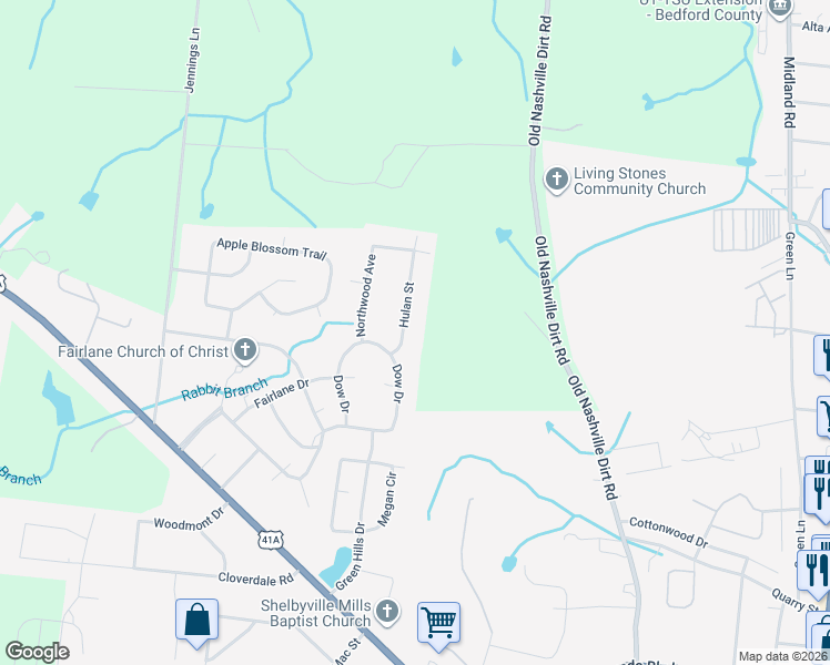 map of restaurants, bars, coffee shops, grocery stores, and more near 100 Hulan Street in Shelbyville