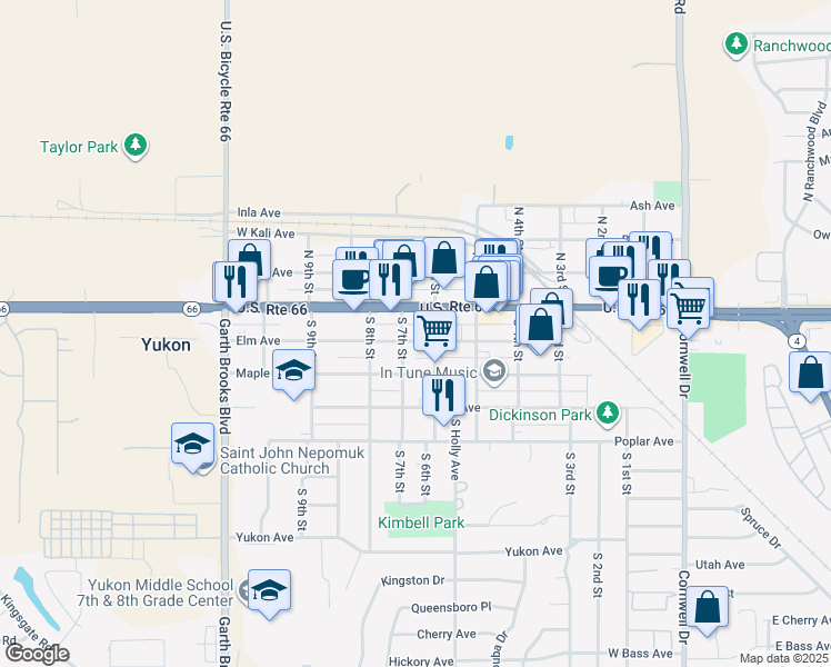 map of restaurants, bars, coffee shops, grocery stores, and more near 624 Elm Avenue in Yukon