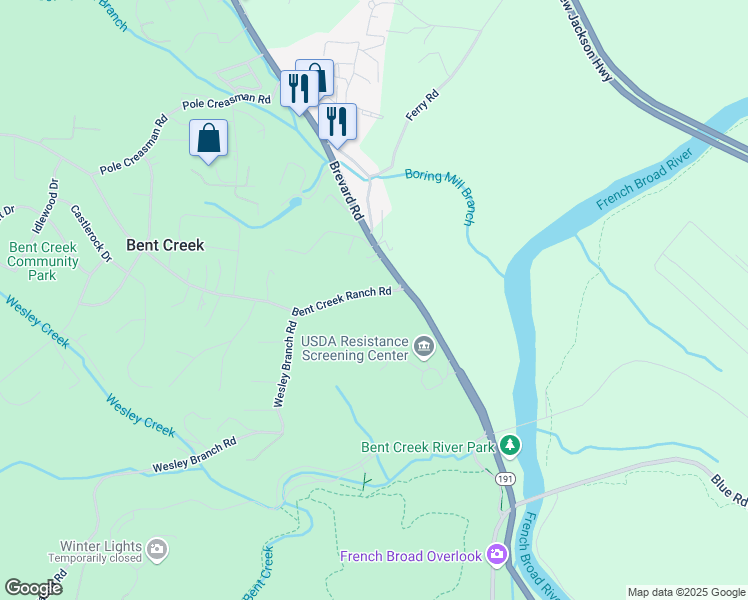 map of restaurants, bars, coffee shops, grocery stores, and more near 256 Bent Creek Ranch Road in Asheville