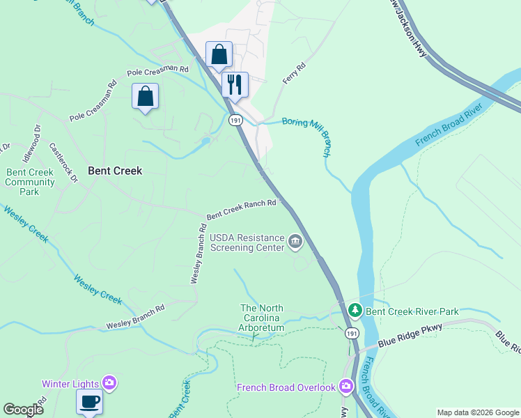 map of restaurants, bars, coffee shops, grocery stores, and more near 256 Bent Creek Ranch Road in Asheville