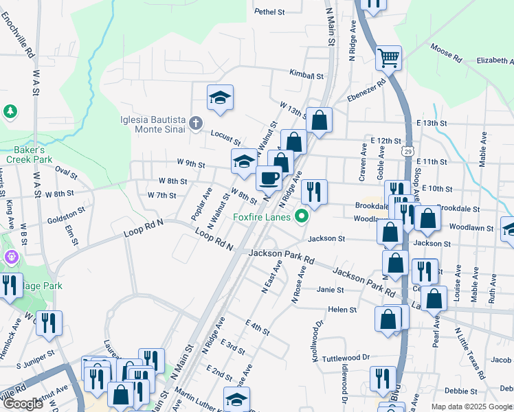 map of restaurants, bars, coffee shops, grocery stores, and more near 619 North Main Street in Kannapolis
