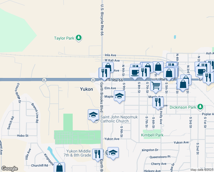 map of restaurants, bars, coffee shops, grocery stores, and more near 1012 Elm Avenue in Yukon