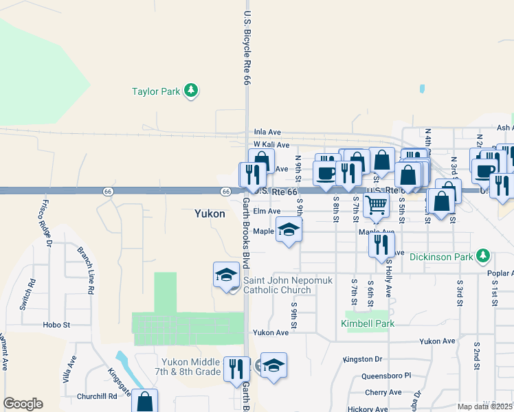 map of restaurants, bars, coffee shops, grocery stores, and more near 1012 Elm Avenue in Yukon