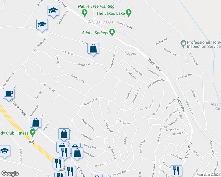 map of restaurants, bars, coffee shops, grocery stores, and more near 4620 San Ardo Avenue in Atascadero
