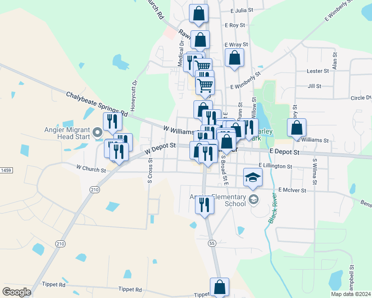 map of restaurants, bars, coffee shops, grocery stores, and more near 183 West Depot Street in Angier