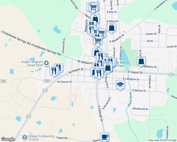map of restaurants, bars, coffee shops, grocery stores, and more near 183 West Depot Street in Angier