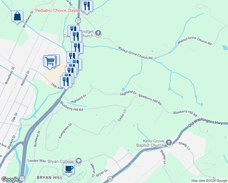 map of restaurants, bars, coffee shops, grocery stores, and more near 598 Highland Drive in Dayton