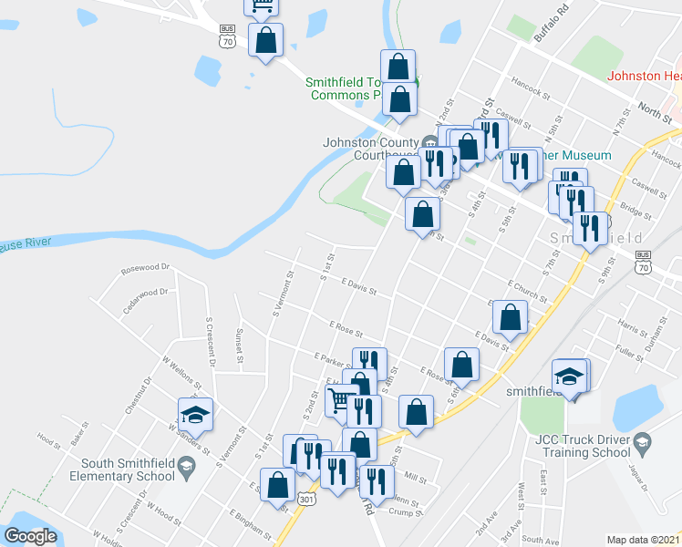 map of restaurants, bars, coffee shops, grocery stores, and more near 107 East Davis Street in Smithfield