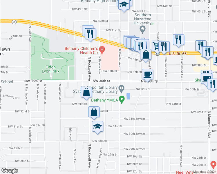 map of restaurants, bars, coffee shops, grocery stores, and more near 6905 Northwest 35th Street in Bethany