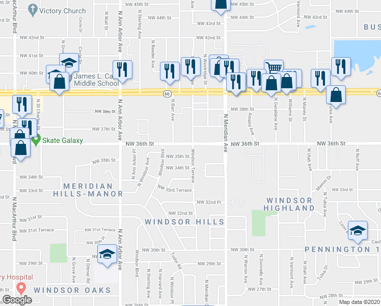map of restaurants, bars, coffee shops, grocery stores, and more near 3601 Windsor Terrace in Oklahoma City