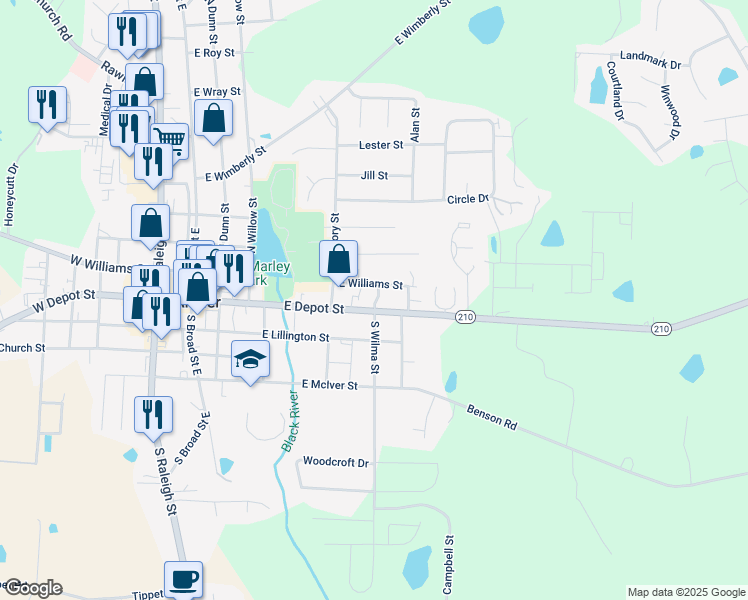 map of restaurants, bars, coffee shops, grocery stores, and more near 32 Stonegate Drive in Angier