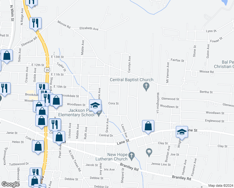 map of restaurants, bars, coffee shops, grocery stores, and more near 913 Laura Avenue in Kannapolis