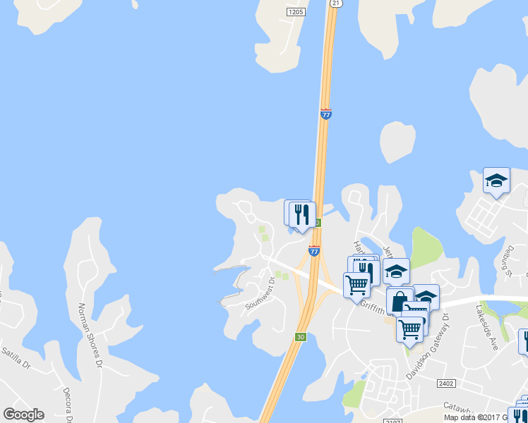 map of restaurants, bars, coffee shops, grocery stores, and more near 501 Northwest Drive in Davidson