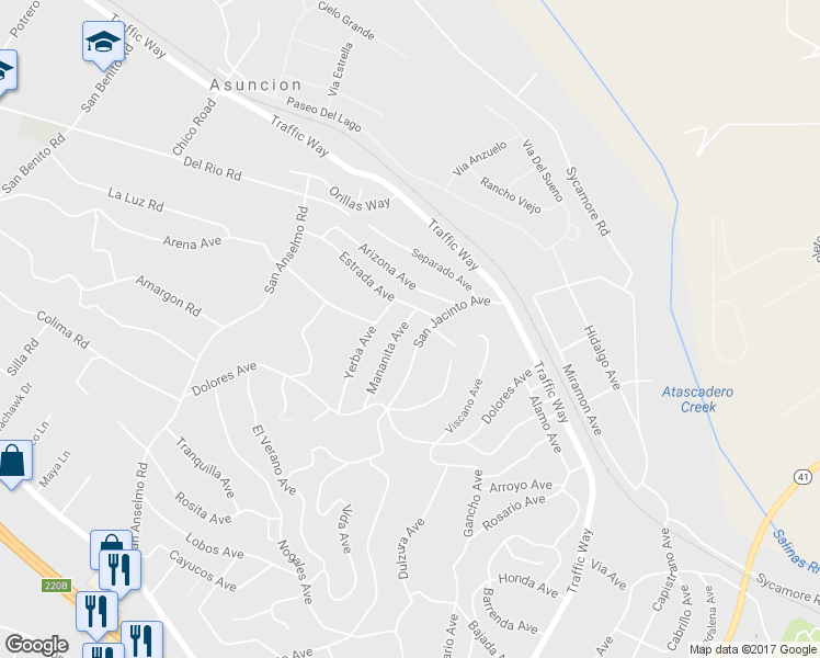 map of restaurants, bars, coffee shops, grocery stores, and more near 4517 Mananita Avenue in Atascadero