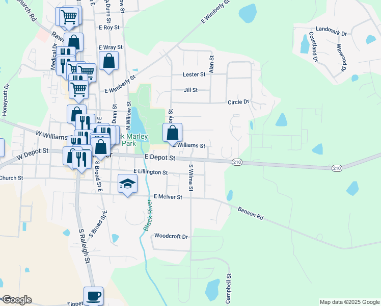 map of restaurants, bars, coffee shops, grocery stores, and more near 32 Stonegate Drive in Angier