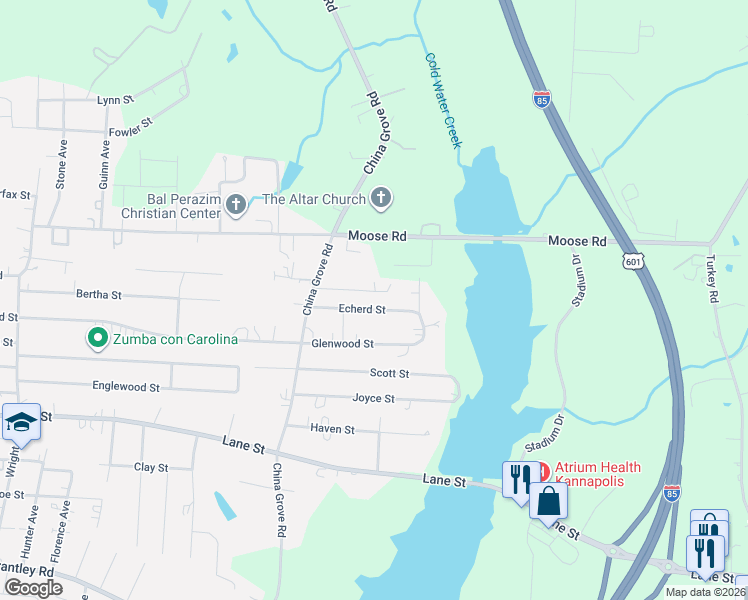 map of restaurants, bars, coffee shops, grocery stores, and more near 2546 Echerd Street in Kannapolis
