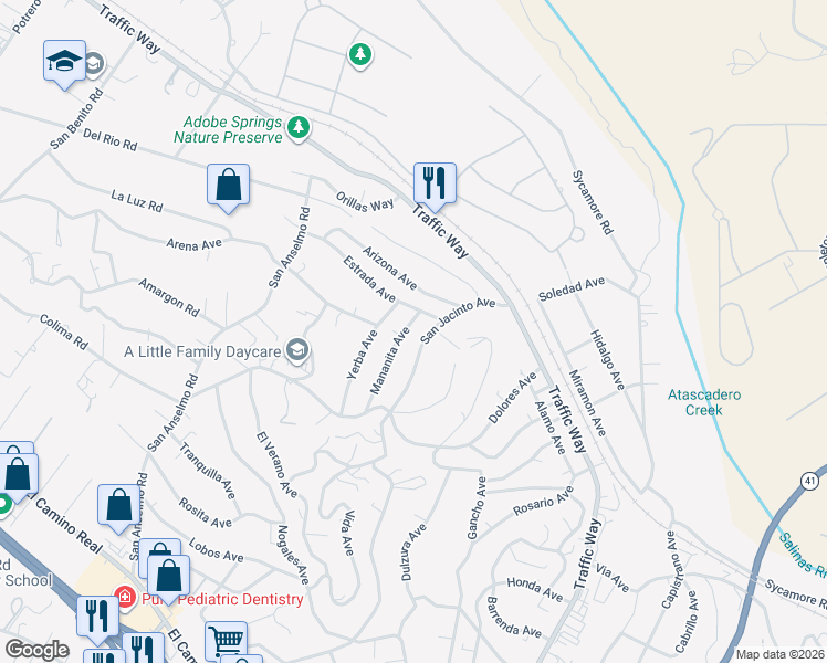 map of restaurants, bars, coffee shops, grocery stores, and more near 4517 Mananita Avenue in Atascadero
