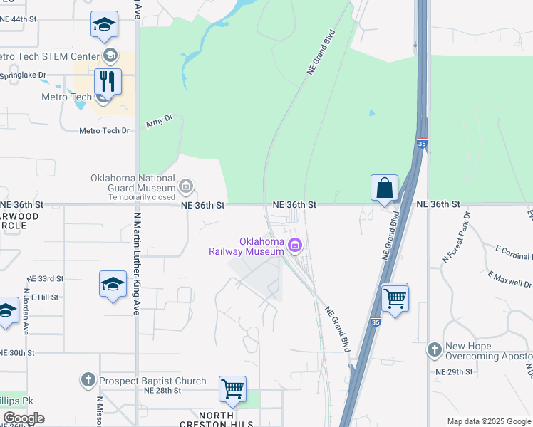 map of restaurants, bars, coffee shops, grocery stores, and more near Northeast Grand Boulevard in Oklahoma City