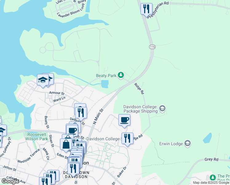 map of restaurants, bars, coffee shops, grocery stores, and more near 727 North Main Street in Davidson