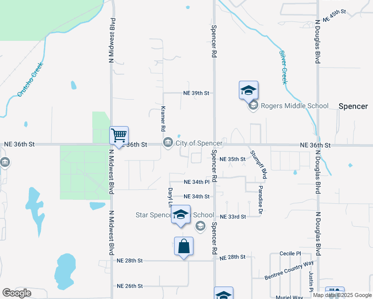 map of restaurants, bars, coffee shops, grocery stores, and more near 8400 Northeast 36th Street in Spencer
