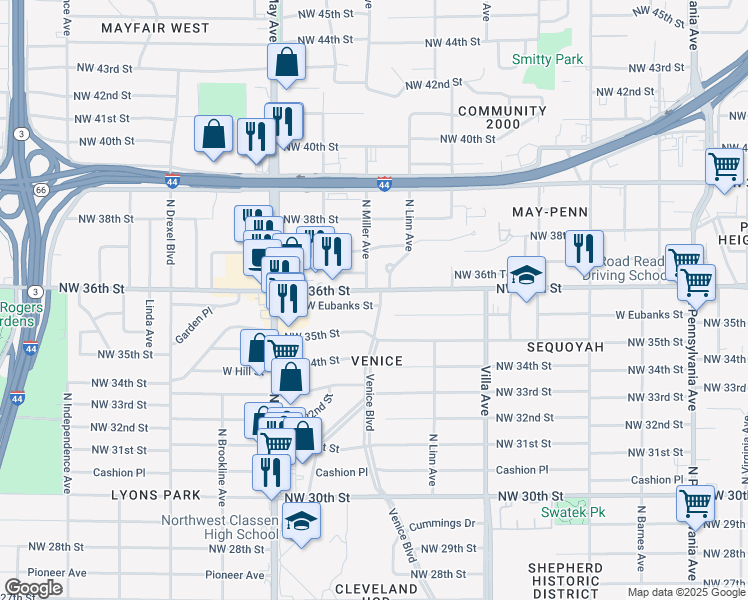 map of restaurants, bars, coffee shops, grocery stores, and more near 3704 North Miller Avenue in Oklahoma City