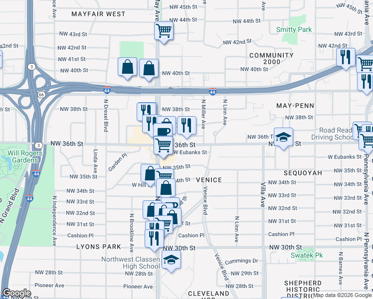 map of restaurants, bars, coffee shops, grocery stores, and more near 2726 Northwest 36th Terrace in Oklahoma City