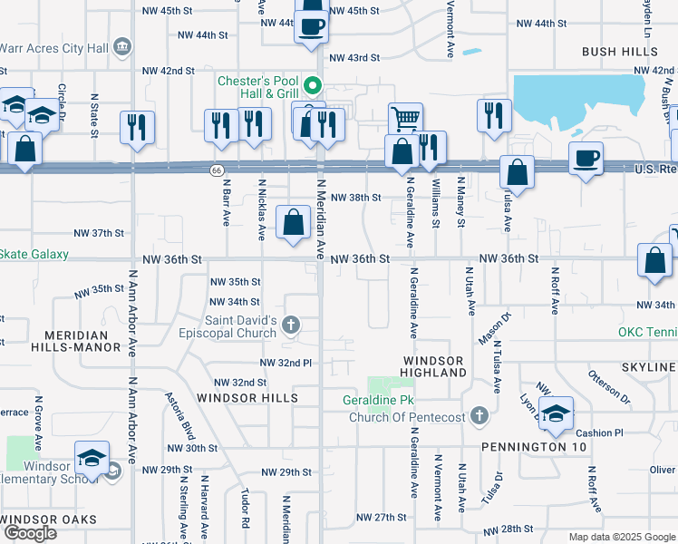 map of restaurants, bars, coffee shops, grocery stores, and more near 4435 Northwest 36th Street in Oklahoma City