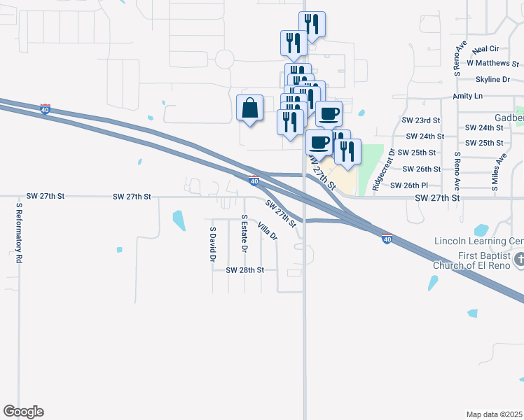 map of restaurants, bars, coffee shops, grocery stores, and more near 1817 Southwest 27th Street in El Reno