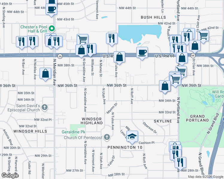 map of restaurants, bars, coffee shops, grocery stores, and more near 3611 North Tulsa Avenue in Oklahoma City