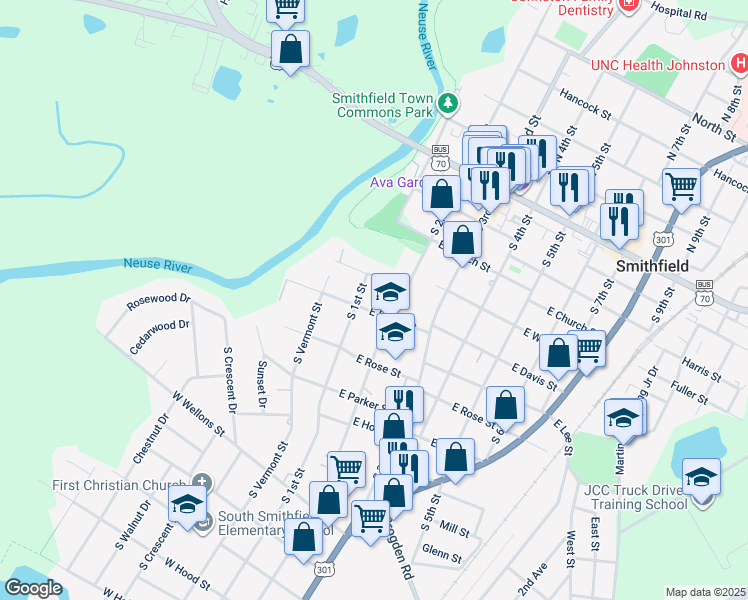 map of restaurants, bars, coffee shops, grocery stores, and more near 107 East Davis Street in Smithfield