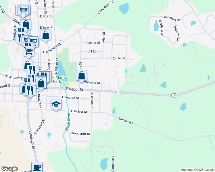 map of restaurants, bars, coffee shops, grocery stores, and more near 77 West Myrtle Drive in Angier
