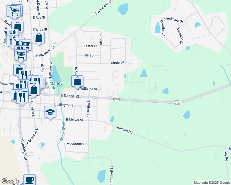 map of restaurants, bars, coffee shops, grocery stores, and more near 52 East Myrtle Drive in Angier