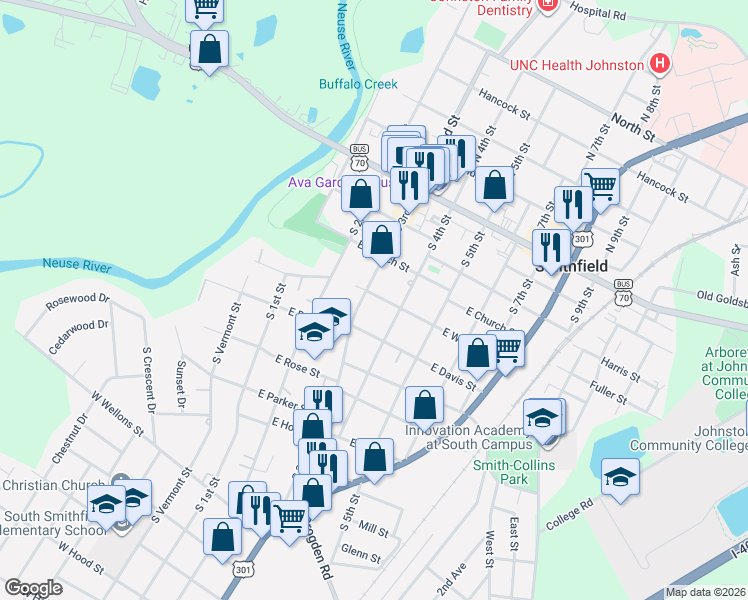map of restaurants, bars, coffee shops, grocery stores, and more near 315 South 3rd Street in Smithfield