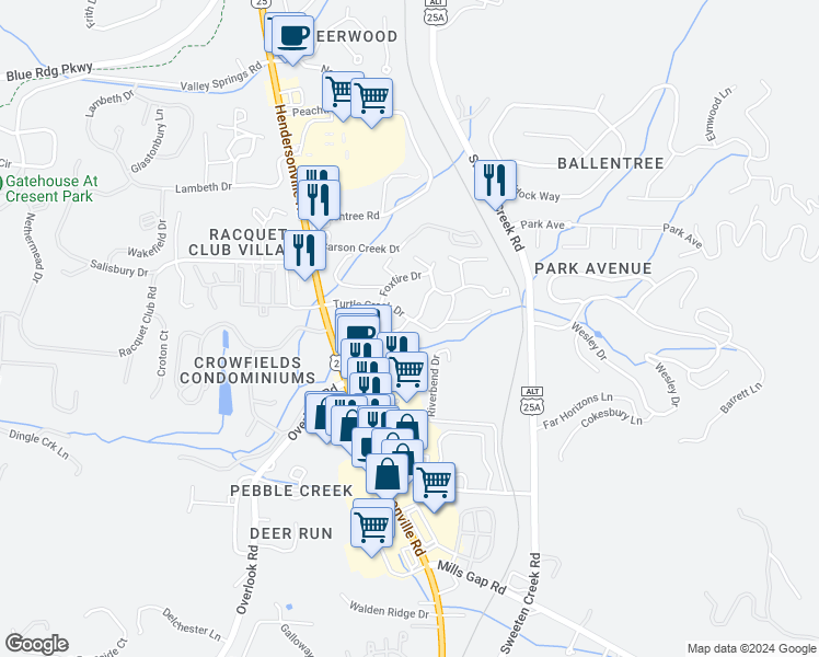 map of restaurants, bars, coffee shops, grocery stores, and more near 16 Foxfire Drive in Asheville