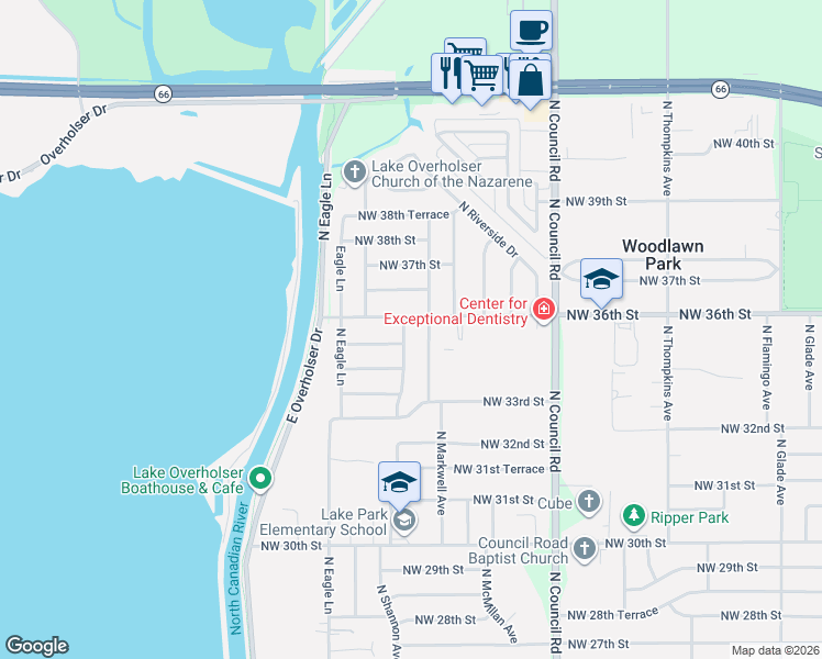 map of restaurants, bars, coffee shops, grocery stores, and more near 8301 Northwest 36th Street in Bethany