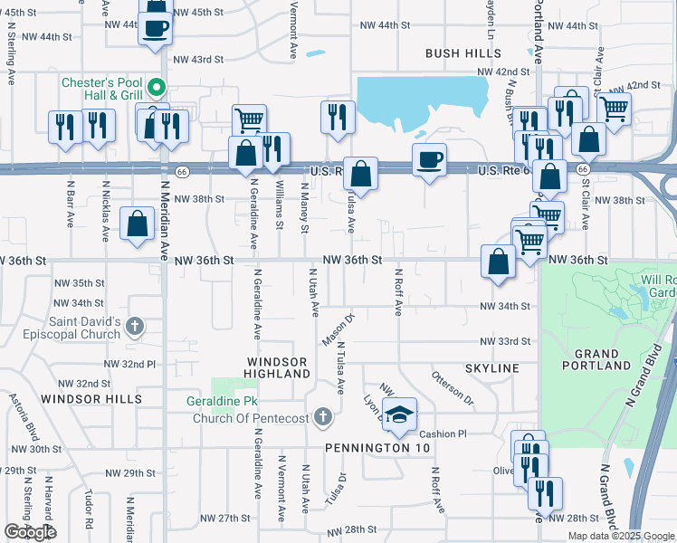 map of restaurants, bars, coffee shops, grocery stores, and more near 3613 North Tulsa Avenue in Oklahoma City
