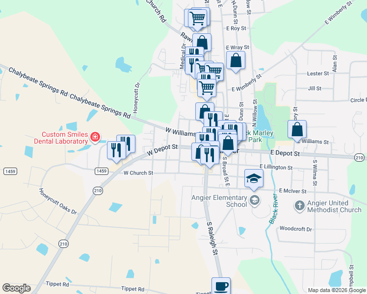 map of restaurants, bars, coffee shops, grocery stores, and more near 209 West Depot Street in Angier