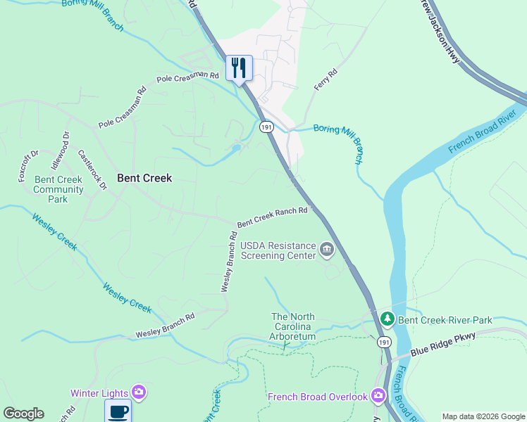 map of restaurants, bars, coffee shops, grocery stores, and more near 1553 Brevard Road in Asheville