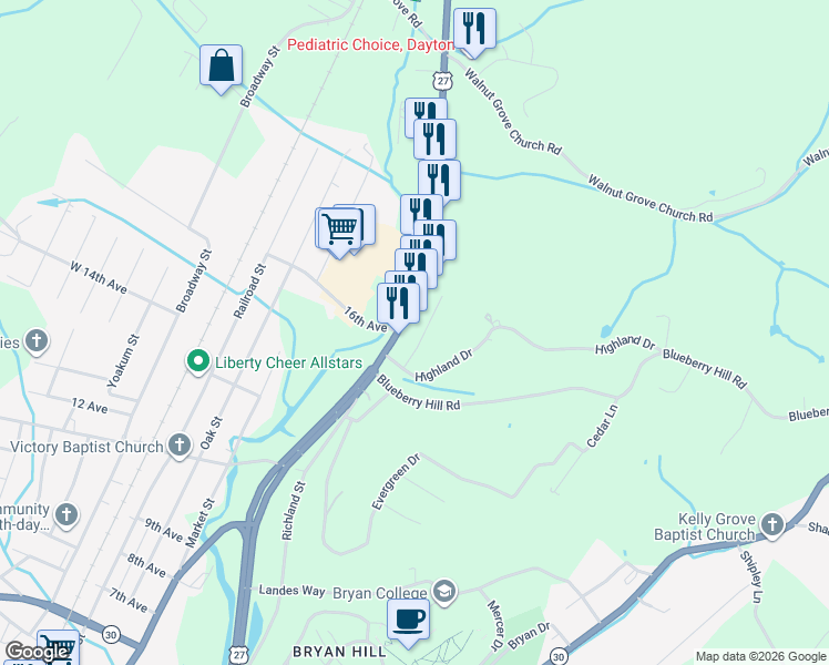 map of restaurants, bars, coffee shops, grocery stores, and more near 7410 Rhea County Highway in Dayton