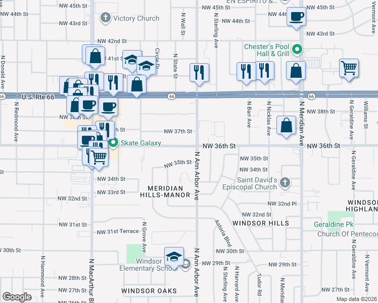 map of restaurants, bars, coffee shops, grocery stores, and more near 5503 Northwest 36th Street in Warr Acres