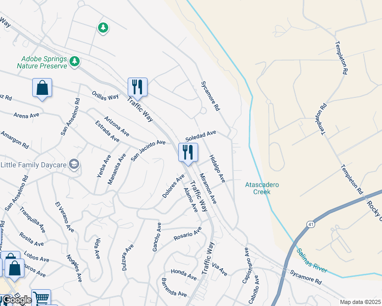 map of restaurants, bars, coffee shops, grocery stores, and more near 4790 Miramon Avenue in Atascadero
