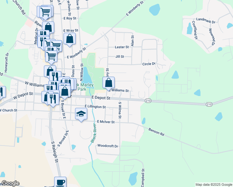 map of restaurants, bars, coffee shops, grocery stores, and more near 413 East Williams Street in Angier