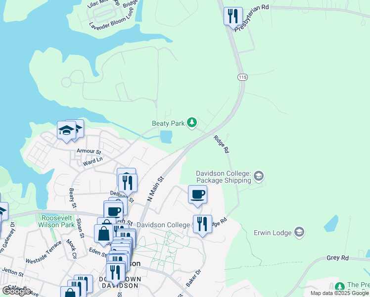 map of restaurants, bars, coffee shops, grocery stores, and more near 727 North Main Street in Davidson