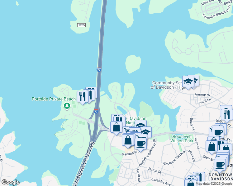 map of restaurants, bars, coffee shops, grocery stores, and more near 917 Northeast Drive in Davidson