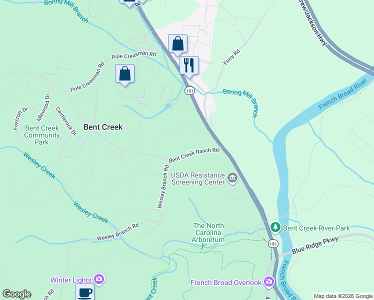 map of restaurants, bars, coffee shops, grocery stores, and more near 1553 Brevard Road in Asheville