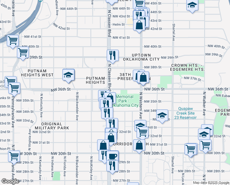 map of restaurants, bars, coffee shops, grocery stores, and more near 1217 Northwest 36th Street in Oklahoma City